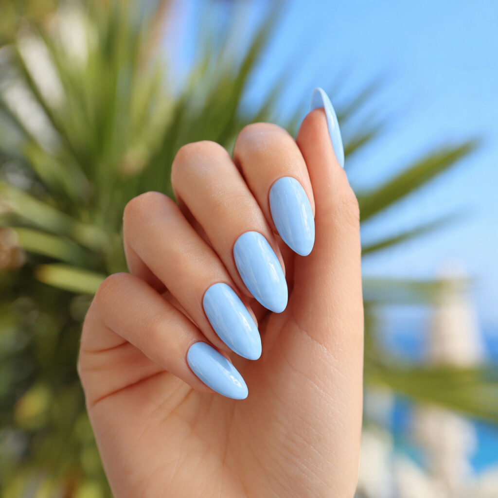 close up of one hand with attractive baby blue alm
