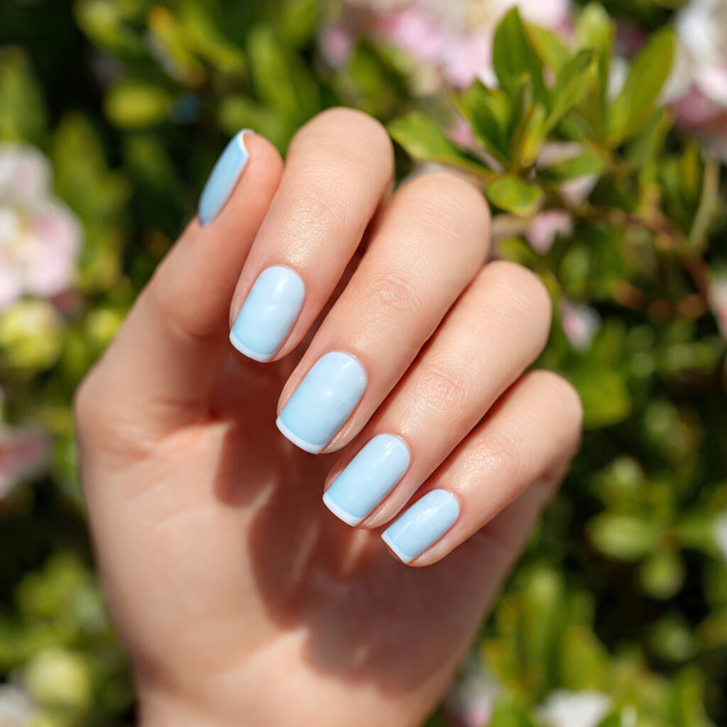 Summer Nails French: The Soft, Sunny Twist Everyone’s Obsessed With 4 close up of one hand with attractive baby blue fre