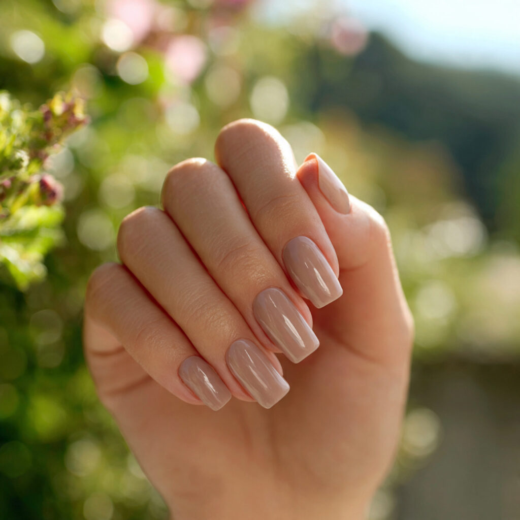 Summer Aura Nails: Dreamy, Glowy Designs You’ll Be Obsessed With 11 close up of one hand with attractive beige aura na