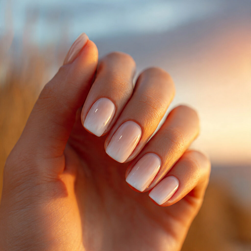 Summer Ombre Nails: Soft Blends & Sunlit Color Dreams 8 close up of one hand with attractive beige to milk