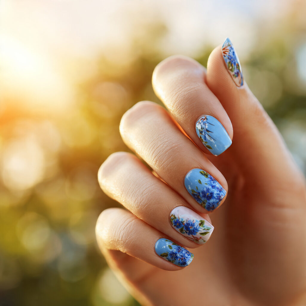 Summer Nails 2026 Blue: Cool, Glossy & Ocean-Inspired Perfection 12 close up of one hand with attractive blue floral a