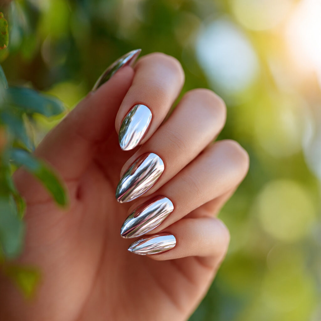 close up of one hand with attractive chrome glazed