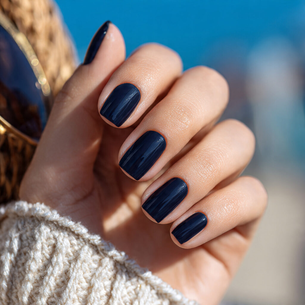 Summer Nails 2026 Blue: Cool, Glossy & Ocean-Inspired Perfection 11 close up of one hand with attractive deep navy squ