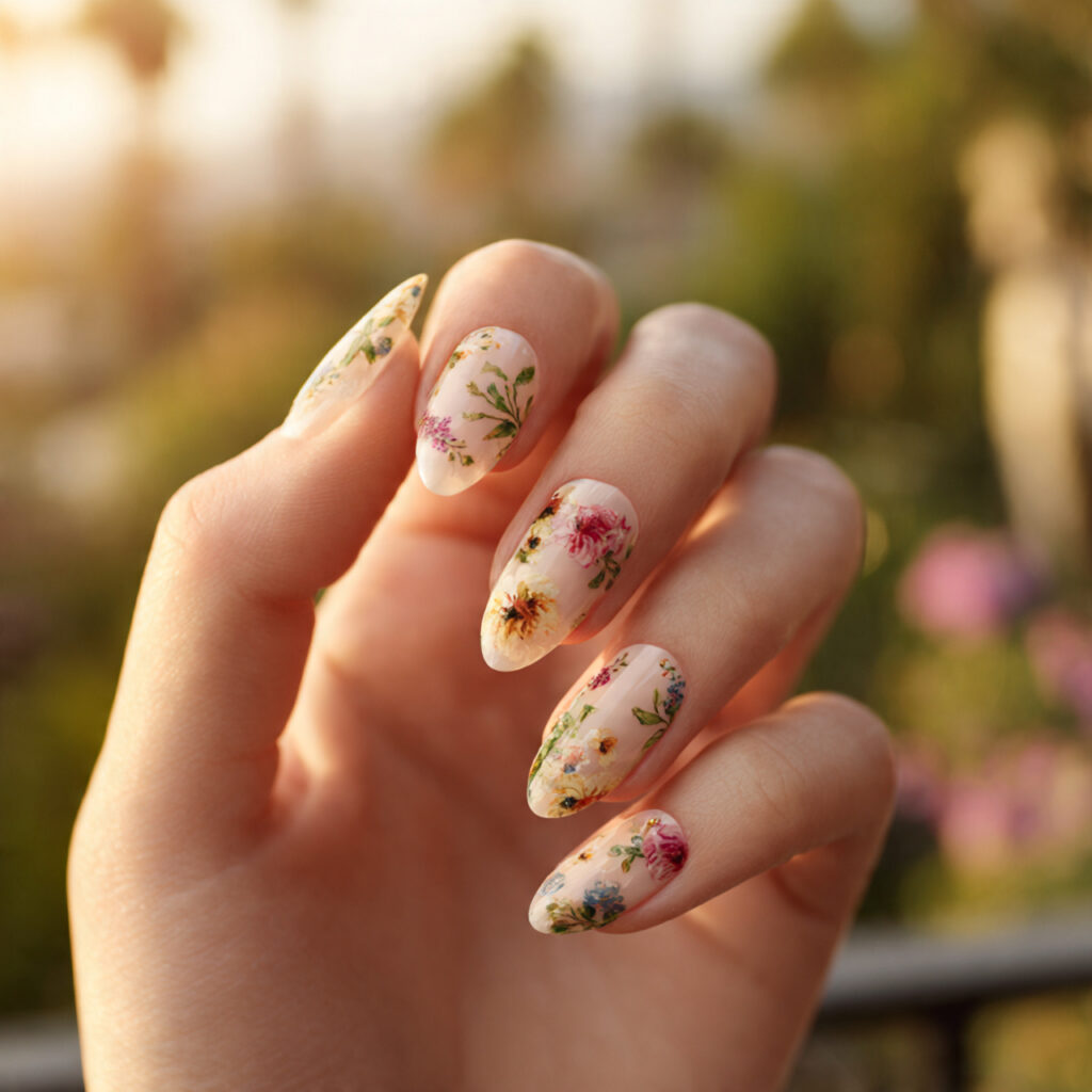 close up of one hand with attractive floral almond