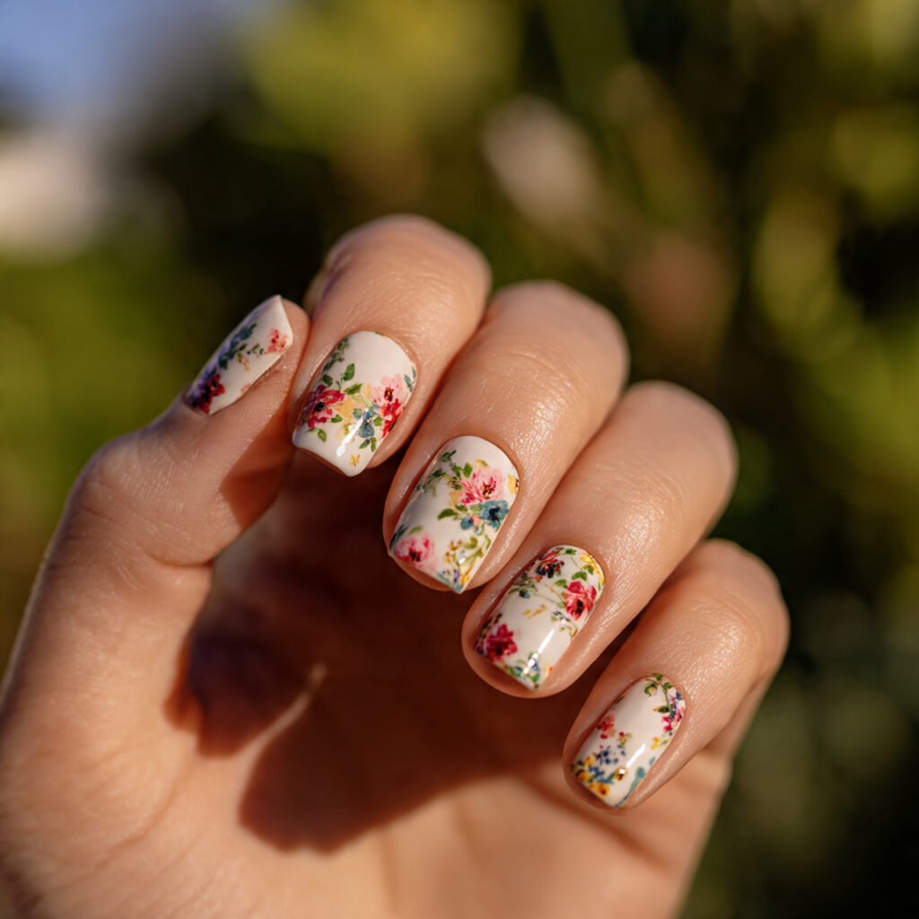 Summer Nails Art: Tiny Masterpieces for Your Fingertips 6 close up of one hand with attractive floral micro