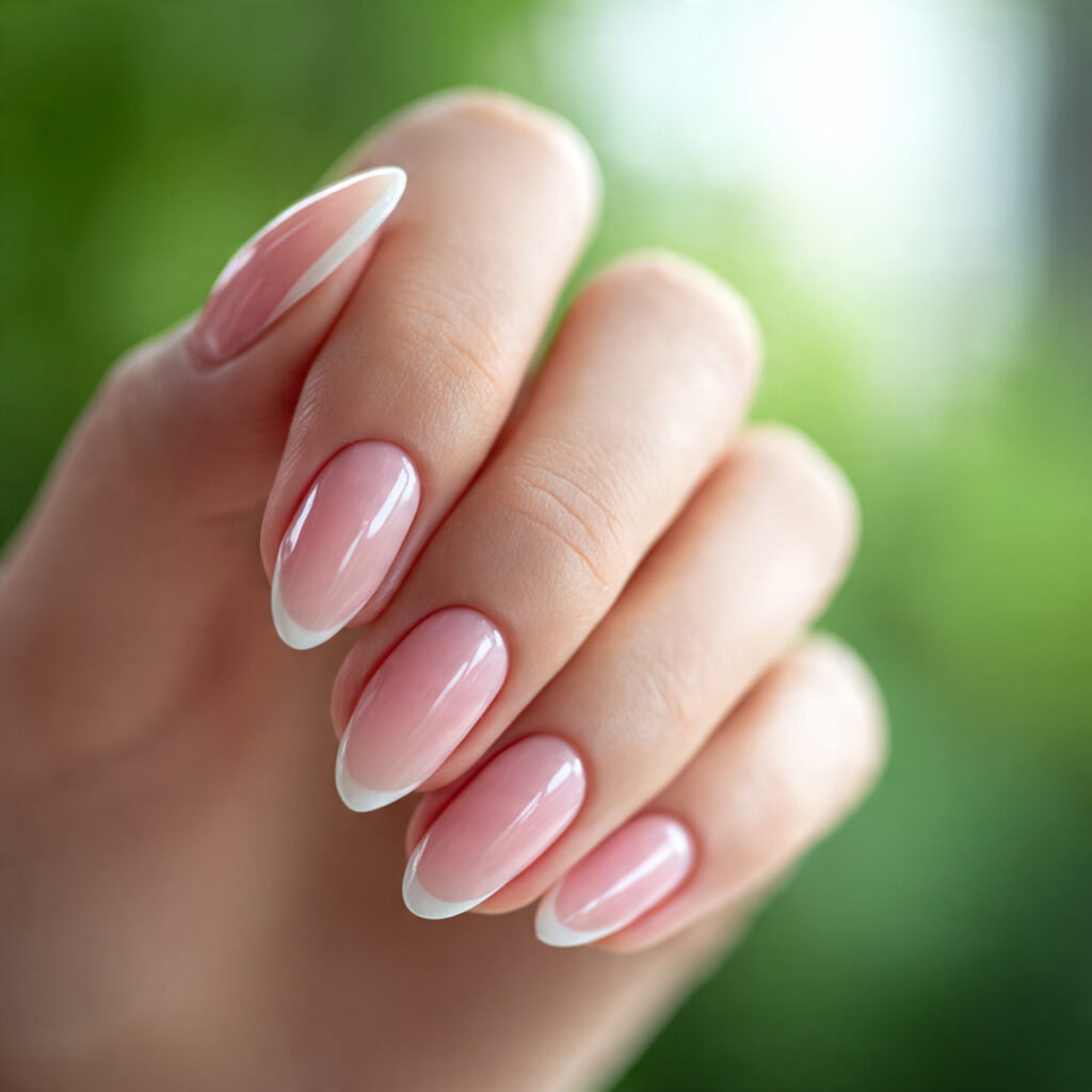 close up of one hand with attractive french tip al