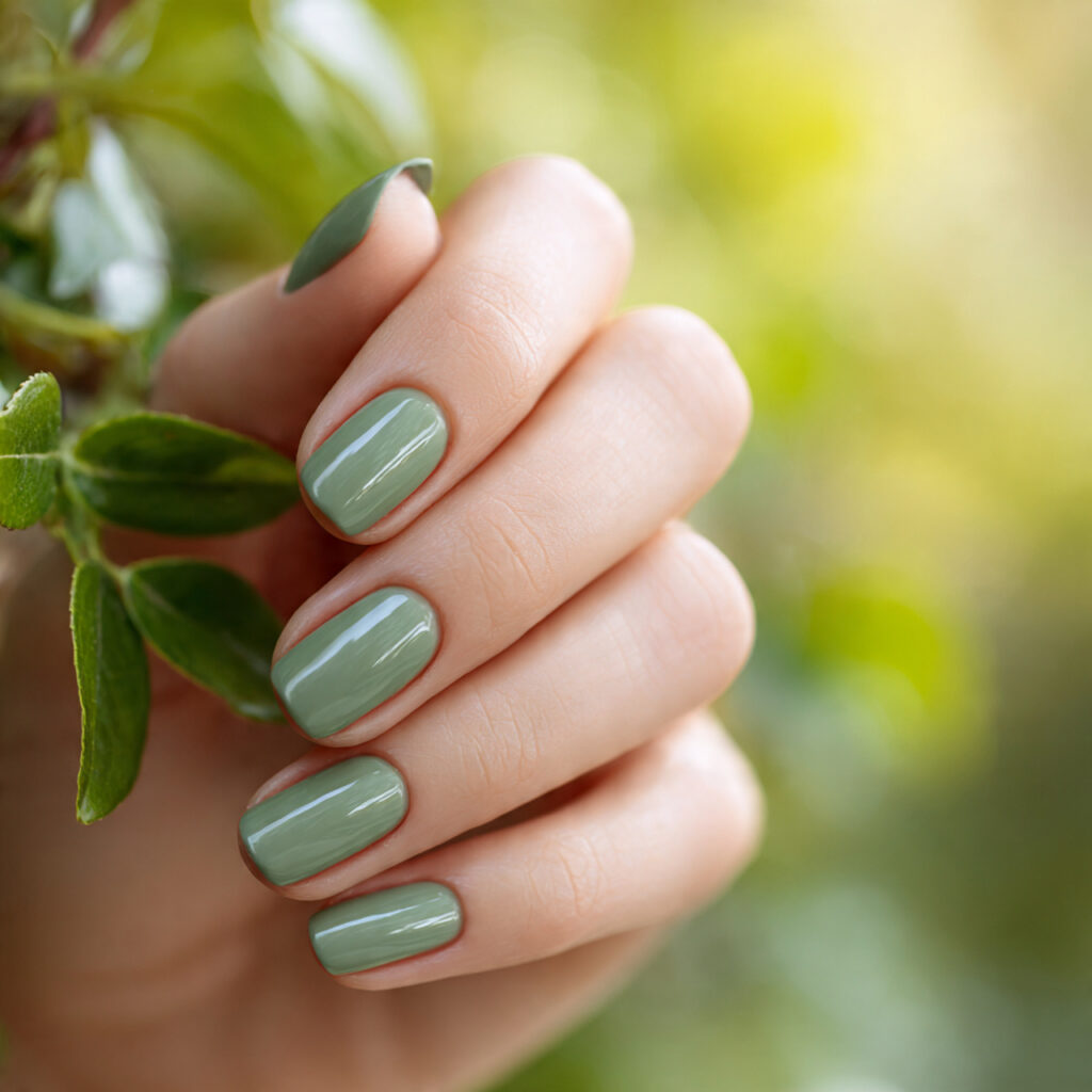 Summer Nails Green: Fresh, Dreamy Looks You’ll Want All Season 1 close up of one hand with attractive glossy sage g