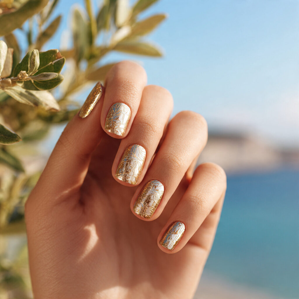 Summer Nails With Designs: 14 Aesthetic Looks You’ll Want to Copy 9 close up of one hand with attractive gold foil des