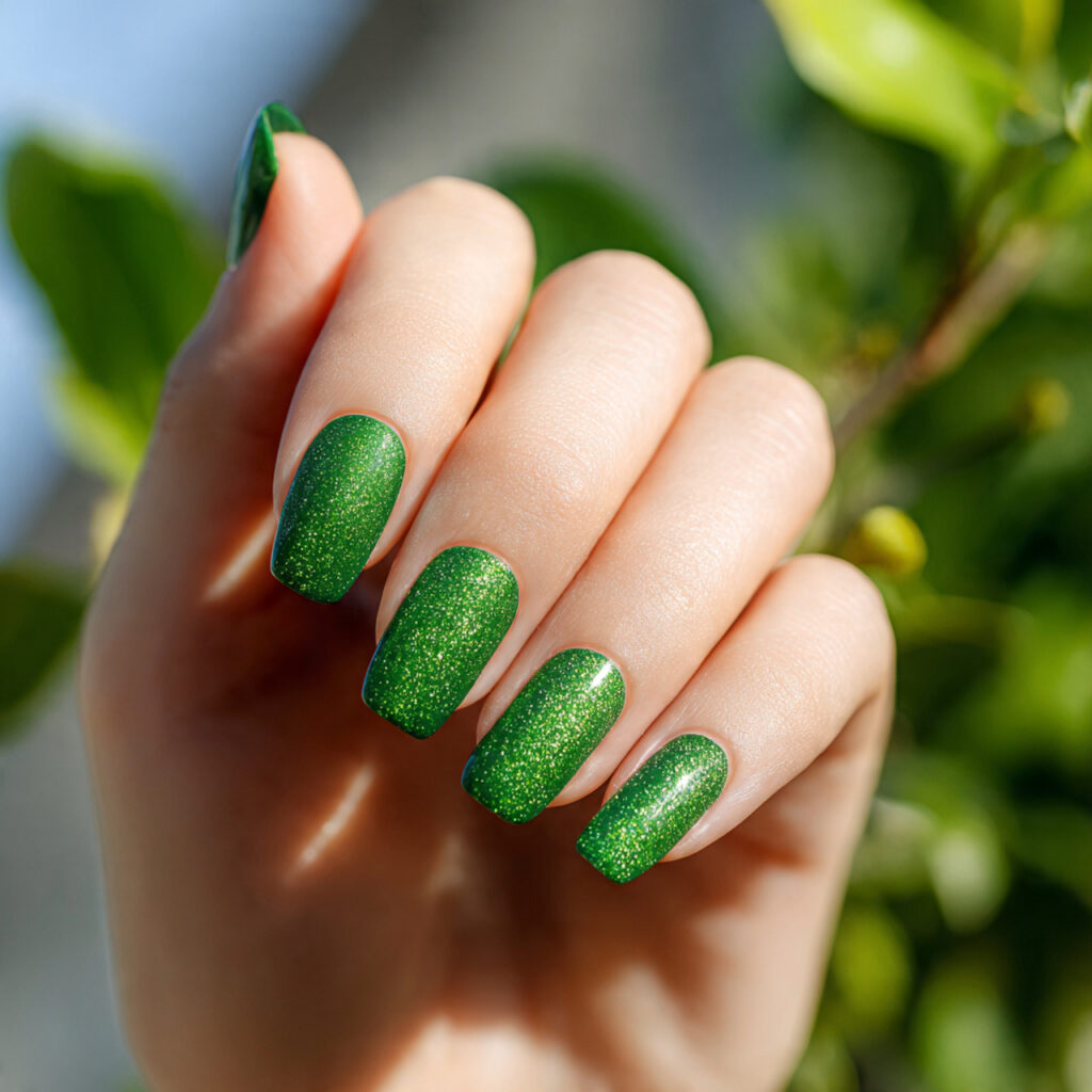 Summer Nails Green: Fresh, Dreamy Looks You’ll Want All Season 13 close up of one hand with attractive green glitter