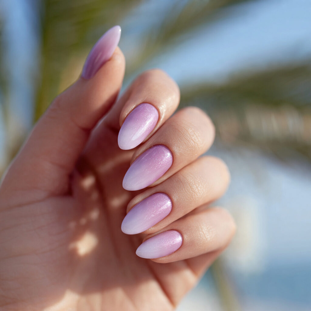 Summer Nails Purple: Soft, Dreamy & Glowing With Color 2 close up of one hand with attractive lavender ombr