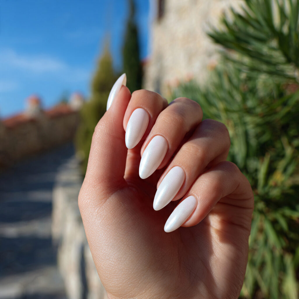 Summer Nails Cat Eye: Magnetic Glow You’ll Be Obsessed With 2 close up of one hand with attractive milky white c