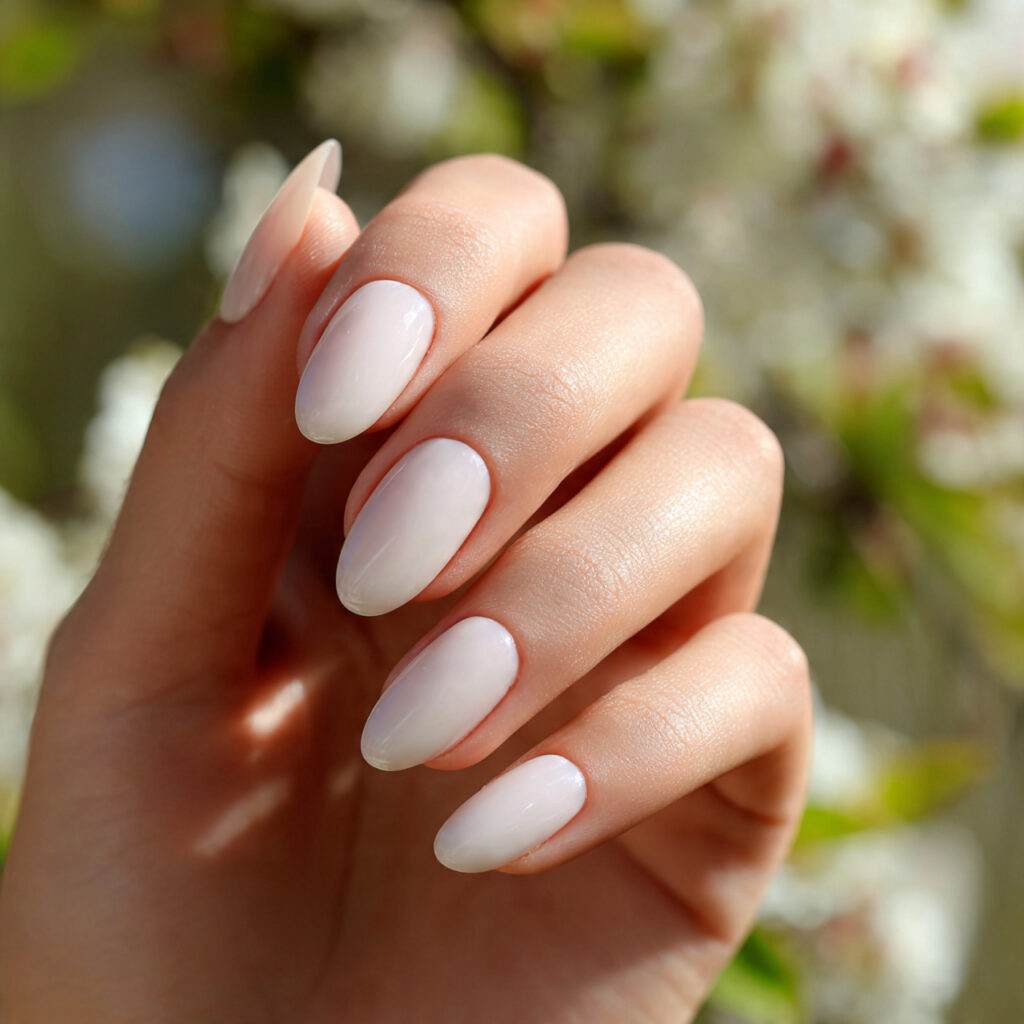 Shellac Nails Summer: Long-Lasting Shine for Your Dreamy Manicure 1 close up of one hand with attractive milky white s