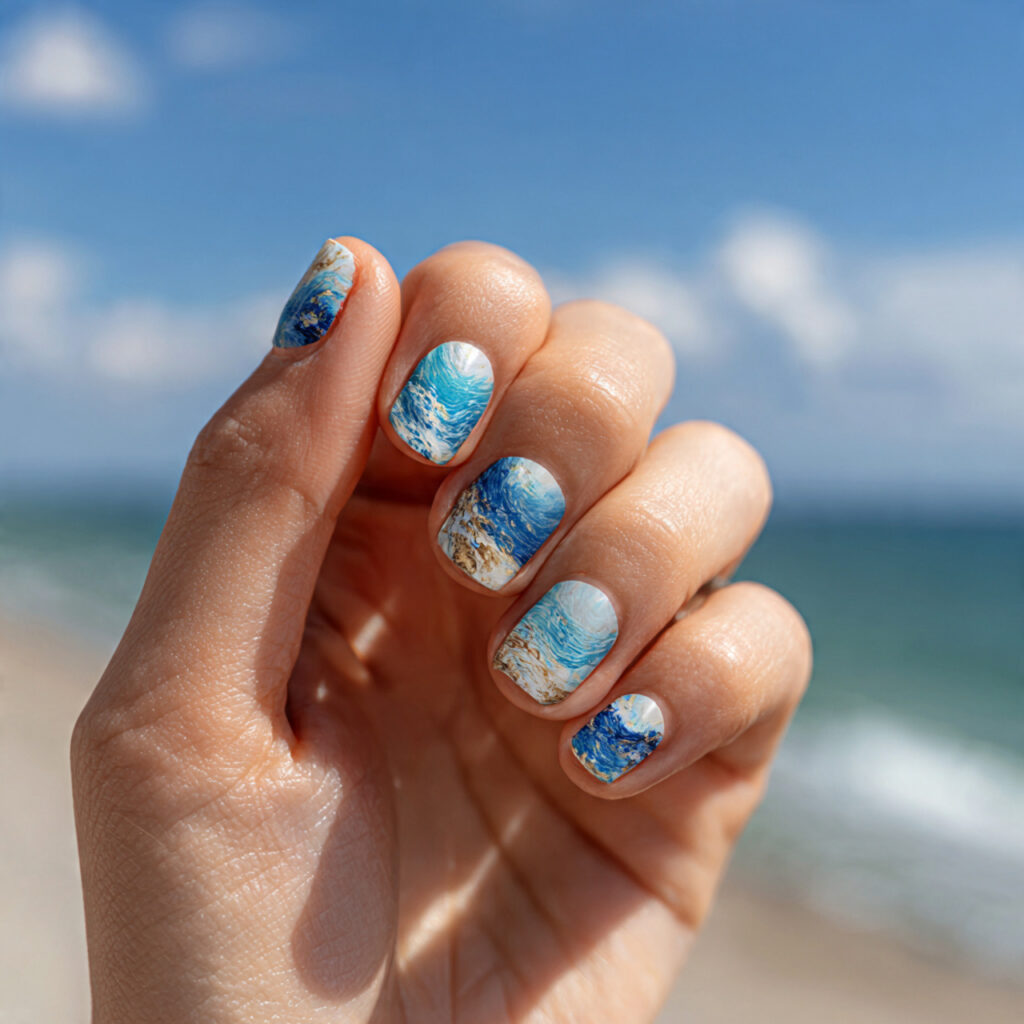 Summer Nails Beach: Ocean-Inspired Looks You’ll Want All Season 2 close up of one hand with attractive ocean wave na