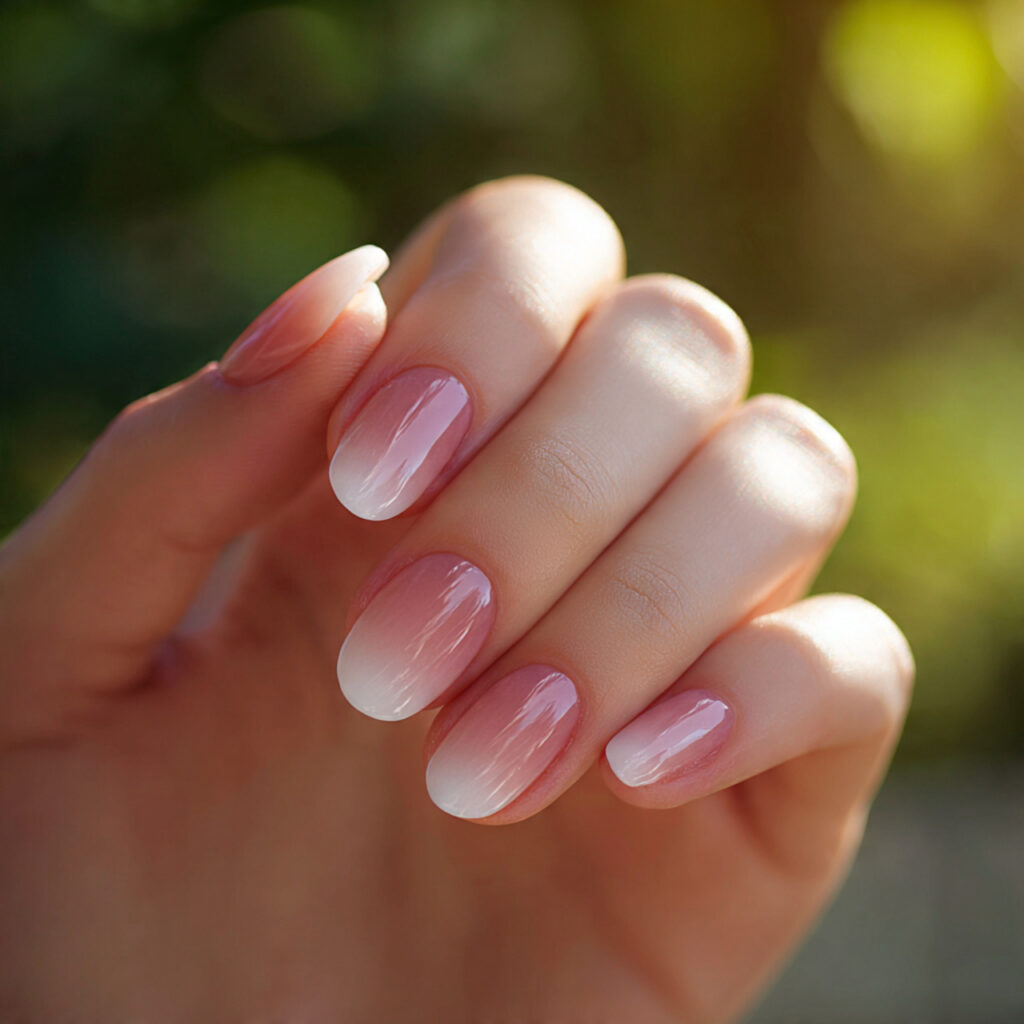 Summer Nails French: The Soft, Sunny Twist Everyone’s Obsessed With 8 close up of one hand with attractive ombre french
