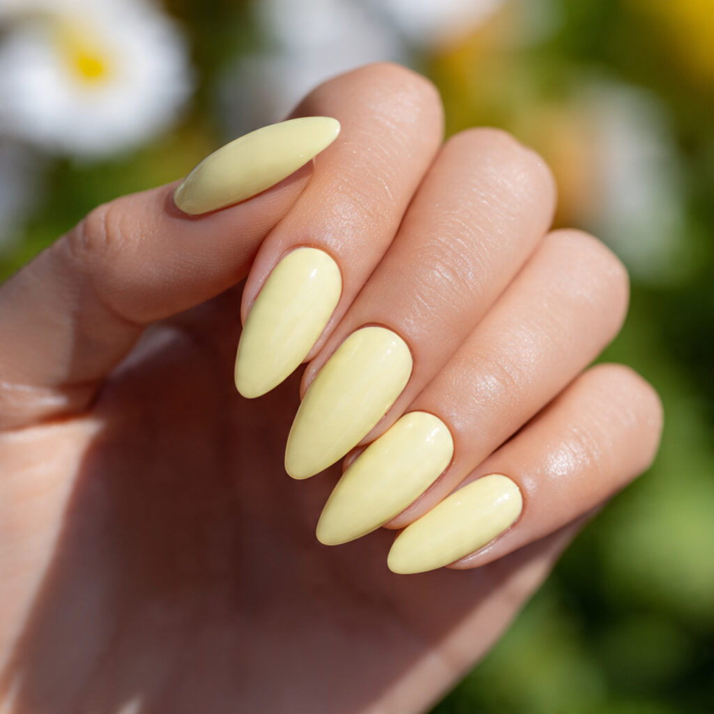 Summer Nails Yellow Pastel: Soft Sunshine for Your Fingertips 3 close up of one hand with attractive pastel yellow