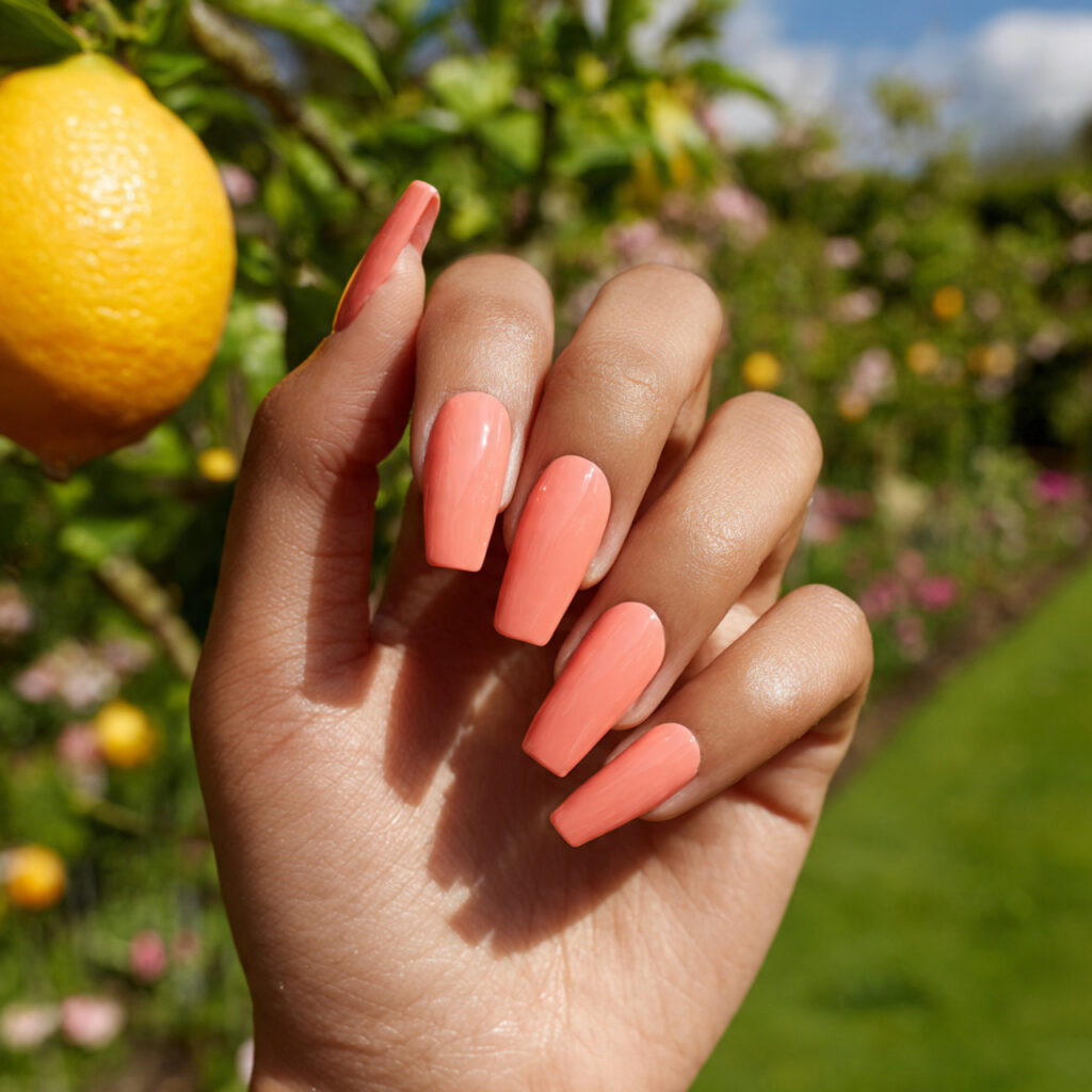 close up of one hand with attractive peach gloss c