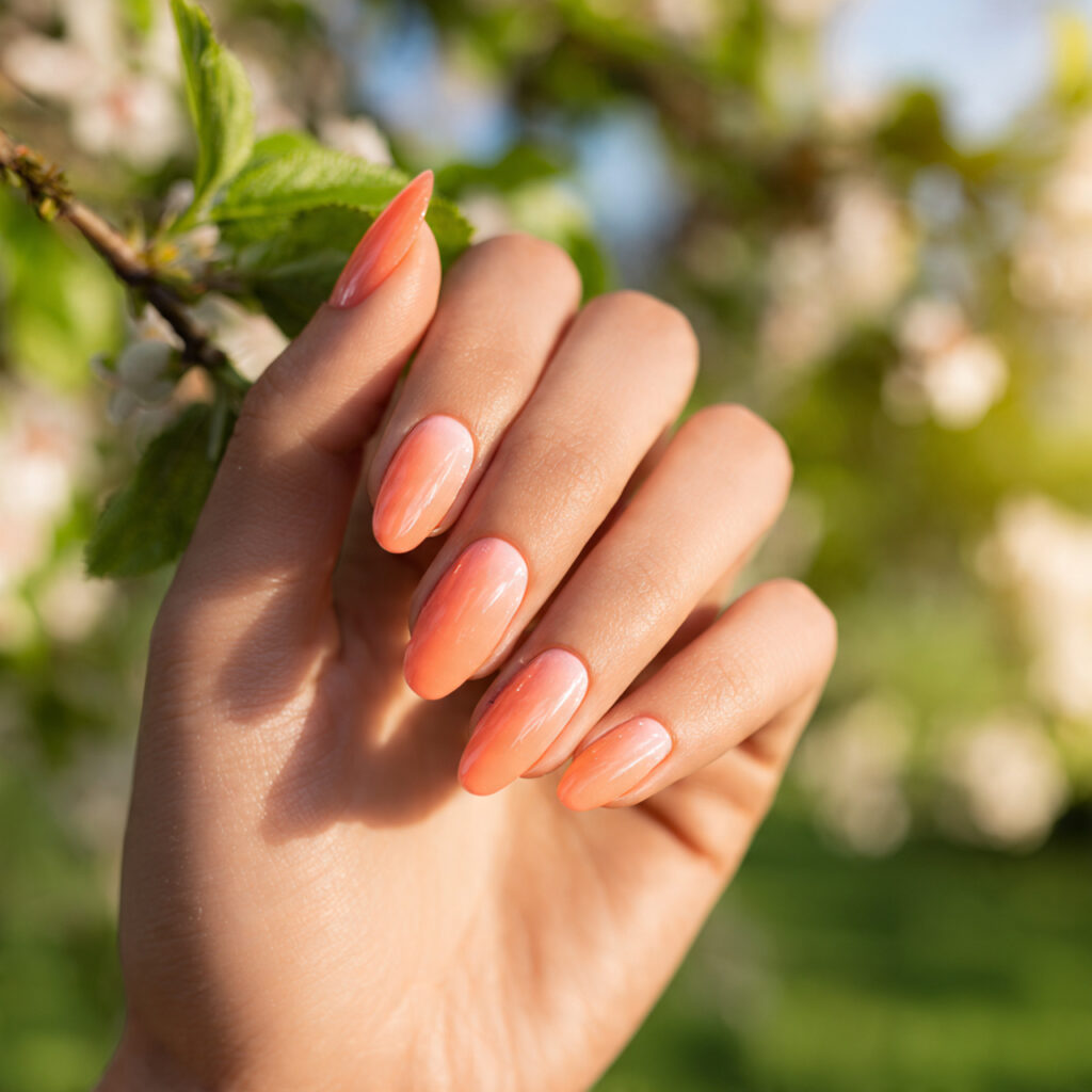 Summer Nails Blooming Gel: Soft, Blended & Dreamy Nail Art You’ll Love 7 close up of one hand with attractive peachy bloom
