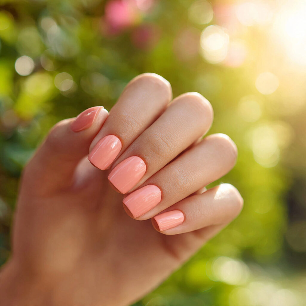 Summer Nails 2026 Pink: Soft, Glossy & Dreamy Pink Nail Inspo 7 close up of one hand with attractive peachy pink g