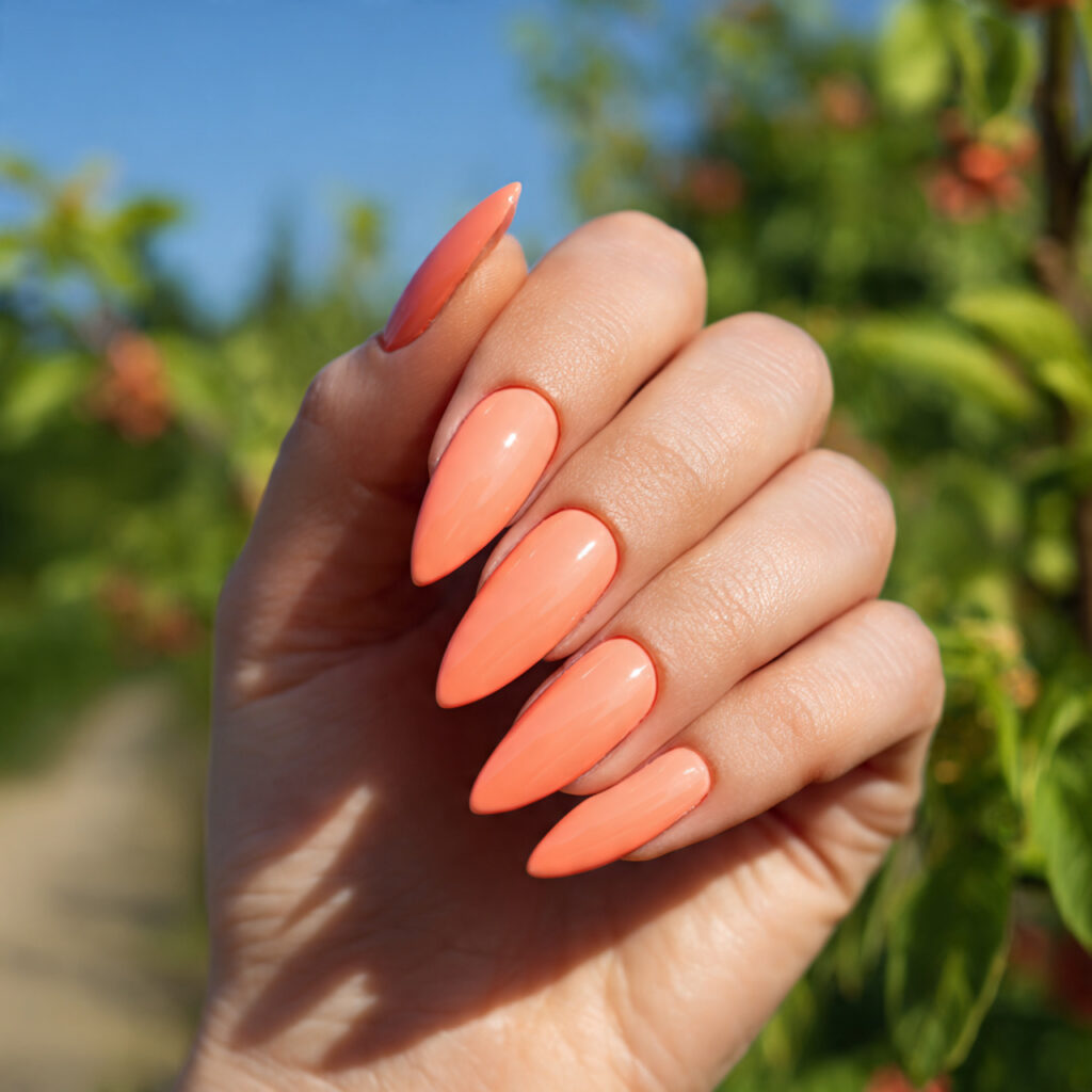 close up of one hand with attractive peachy stilet
