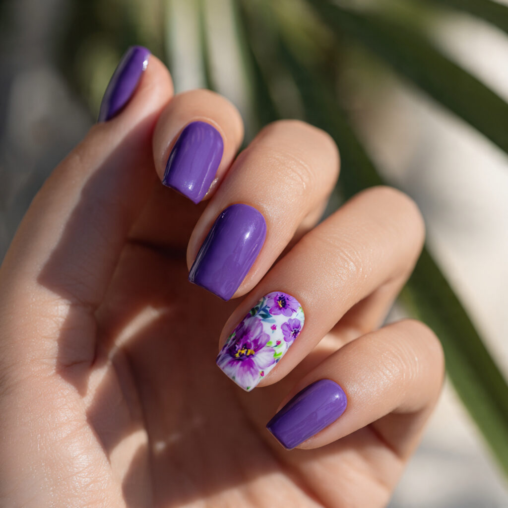 Summer Nails Purple: Soft, Dreamy & Glowing With Color 10 close up of one hand with attractive purple floral