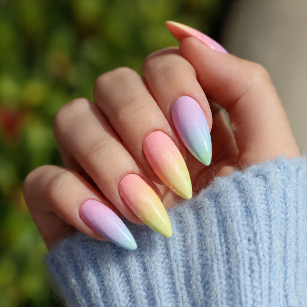 close up of one hand with attractive rainbow ombre