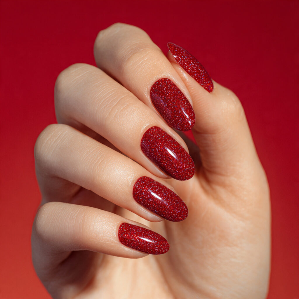 Summer Nails Red: 14 Hot, Dreamy Designs You’ll Want All Season 12 close up of one hand with attractive red glitter a
