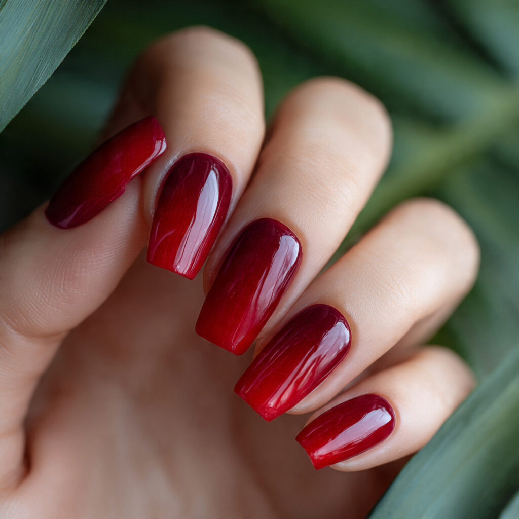 close up of one hand with attractive red ombre lon