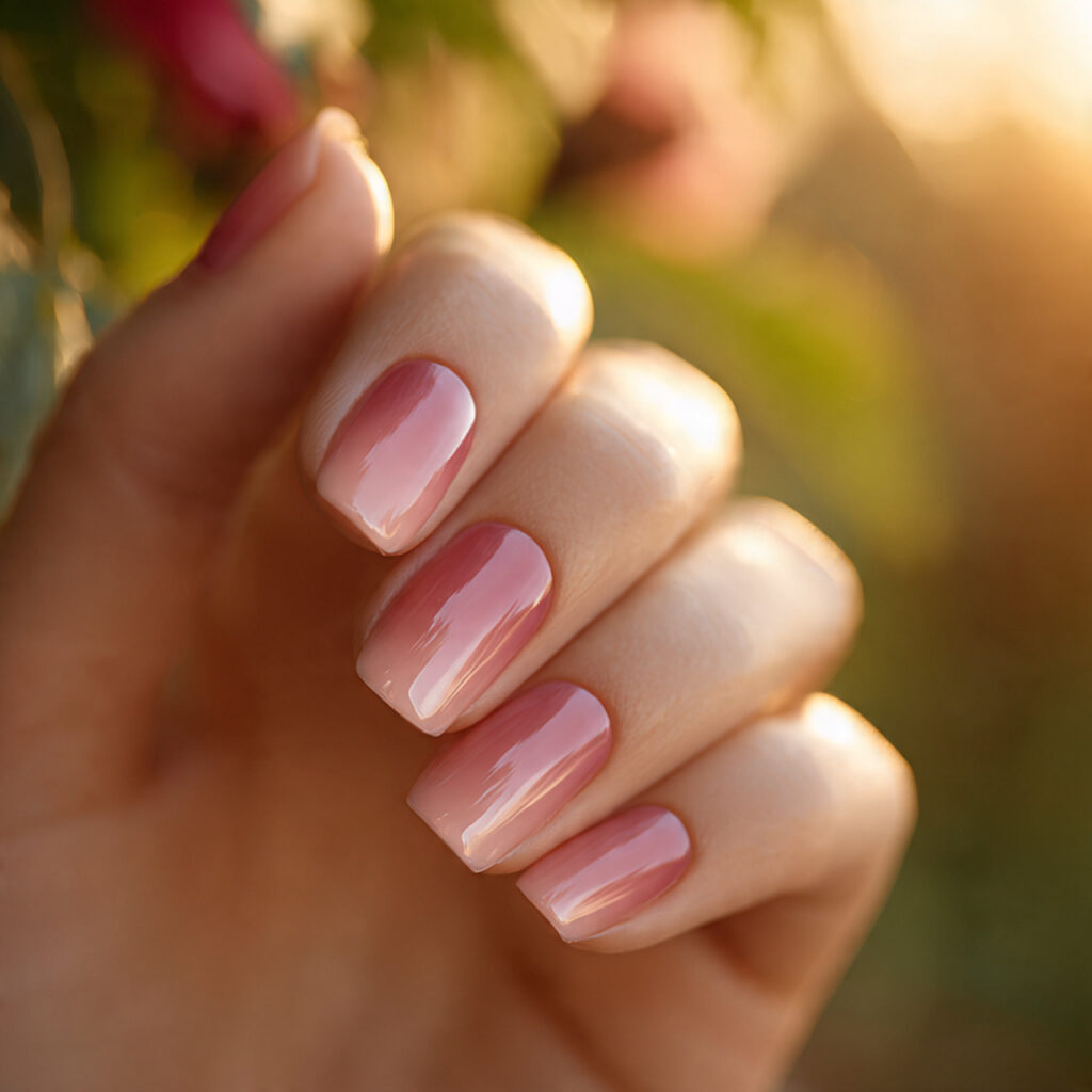 Summer Ombre Nails: Soft Blends & Sunlit Color Dreams 12 close up of one hand with attractive rose pink to