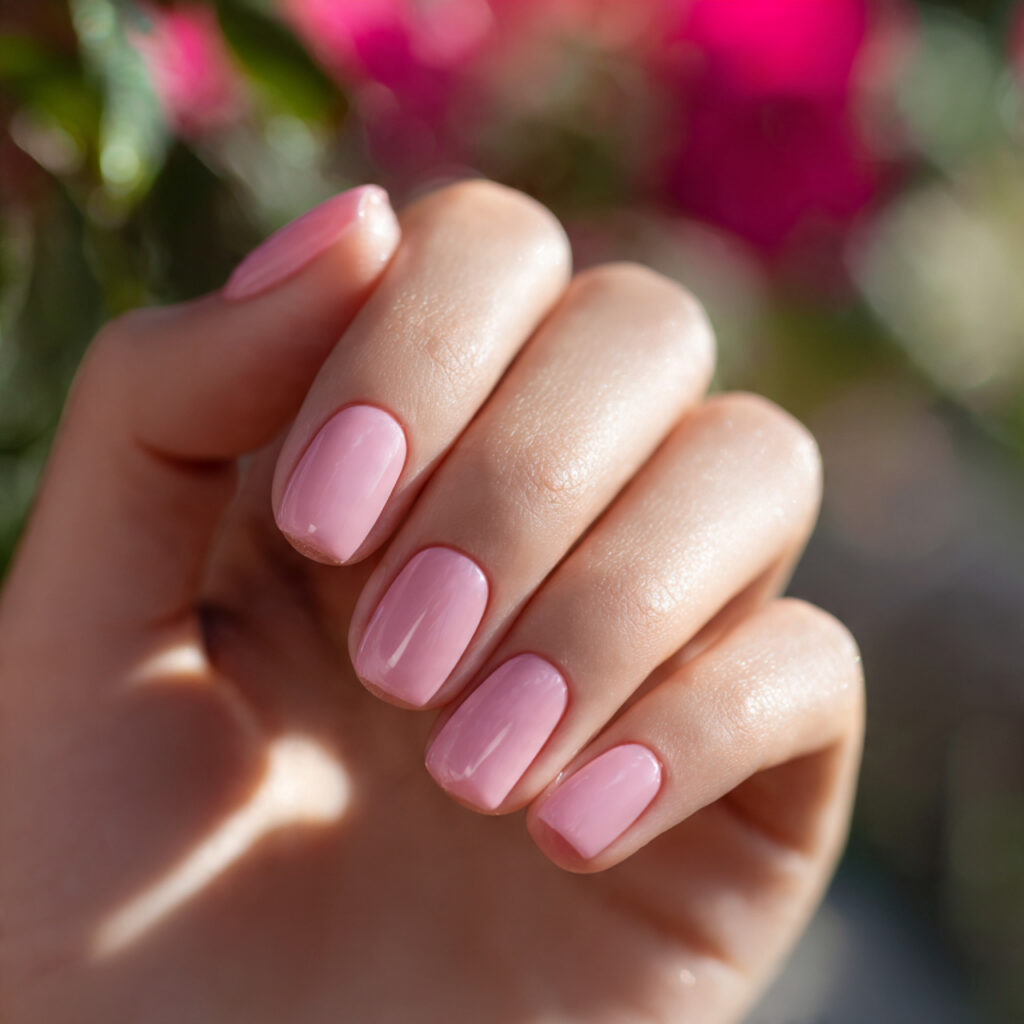 Shellac Nails Summer: Long-Lasting Shine for Your Dreamy Manicure 2 close up of one hand with attractive sheer pink sh