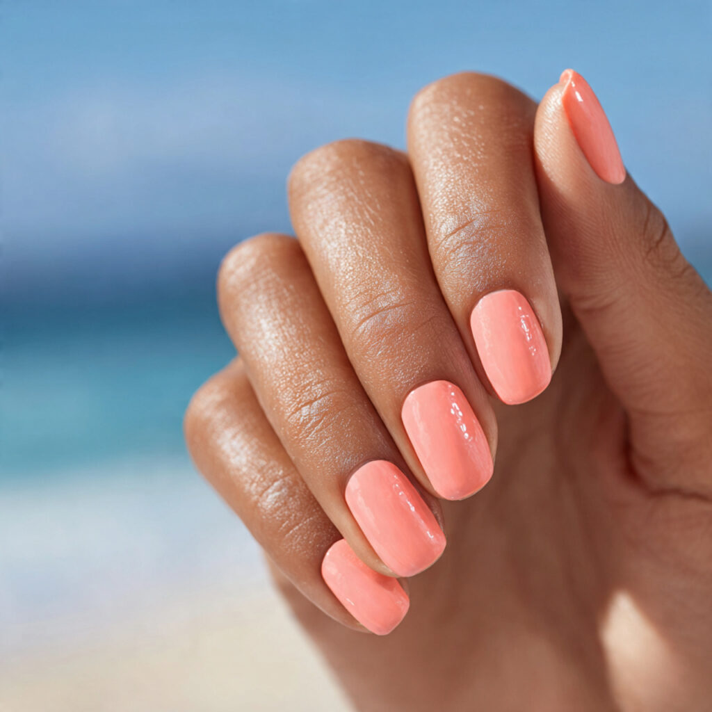 Summer Nails Beach: Ocean-Inspired Looks You’ll Want All Season 8 close up of one hand with attractive soft coral be