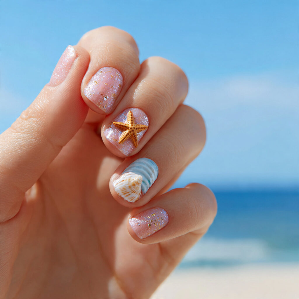 Summer Nails Beach: Ocean-Inspired Looks You’ll Want All Season 11 close up of one hand with attractive starfish and