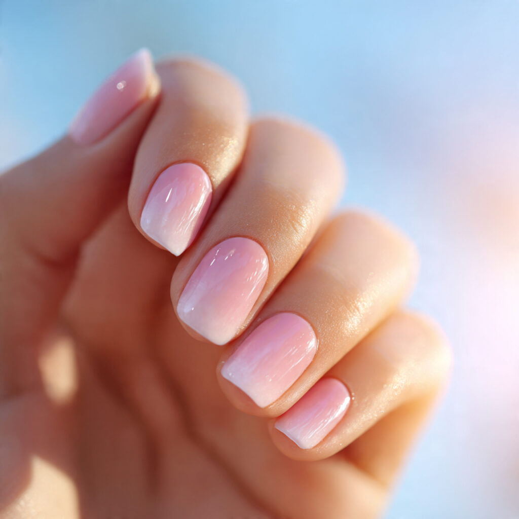 Summer Ombre Nails: Soft Blends & Sunlit Color Dreams 3 close up of one hand with attractive strawberry mi 1