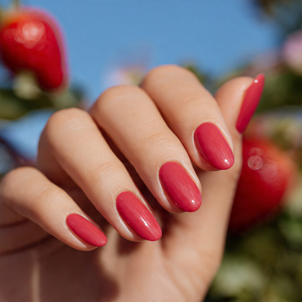 Summer Nails Red: 14 Hot, Dreamy Designs You’ll Want All Season 4 close up of one hand with attractive strawberry mi