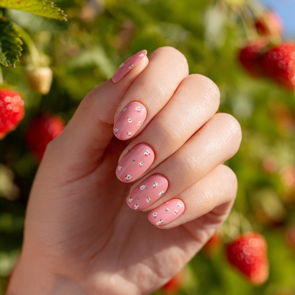 Summer Nails Aesthetic: Soft, Dreamy Looks You’ll Want to Save 8 close up of one hand with attractive strawberry mi 3