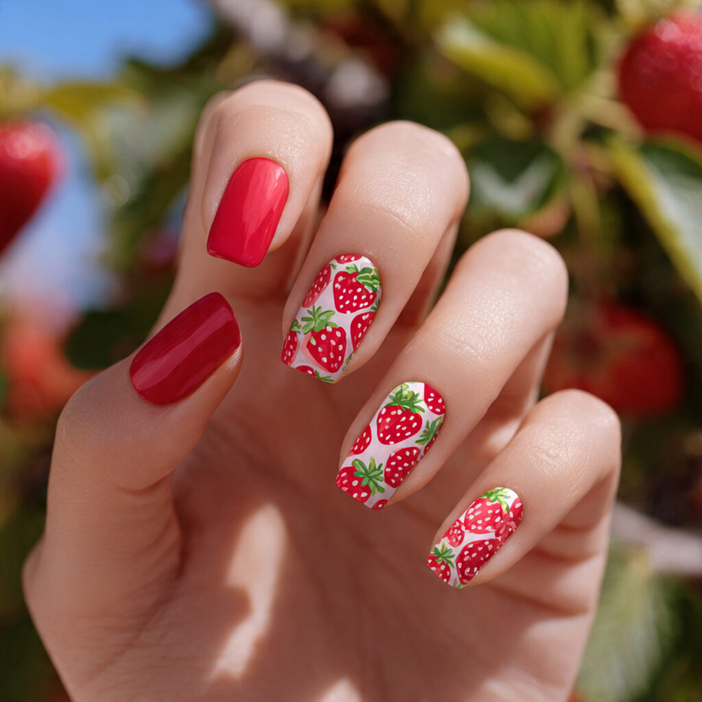 Summer Nails for Kids: Cute, Colorful & Full of Joy 2 close up of one hand with attractive strawberry na