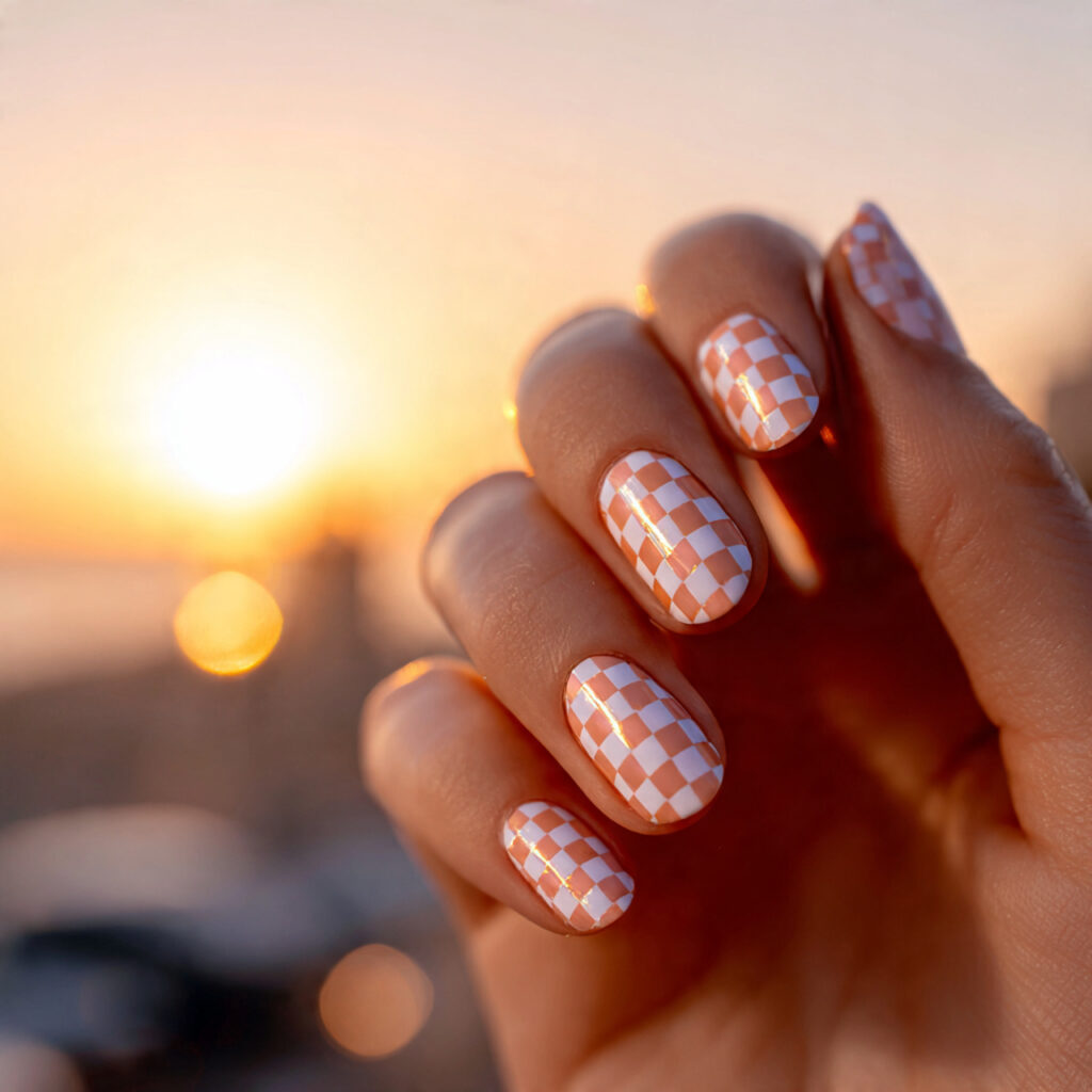 Summer Nails Checkered: 14 Cute & Trendy Designs You’ll Want to Save 5 close up of one hand with attractive sunset accent