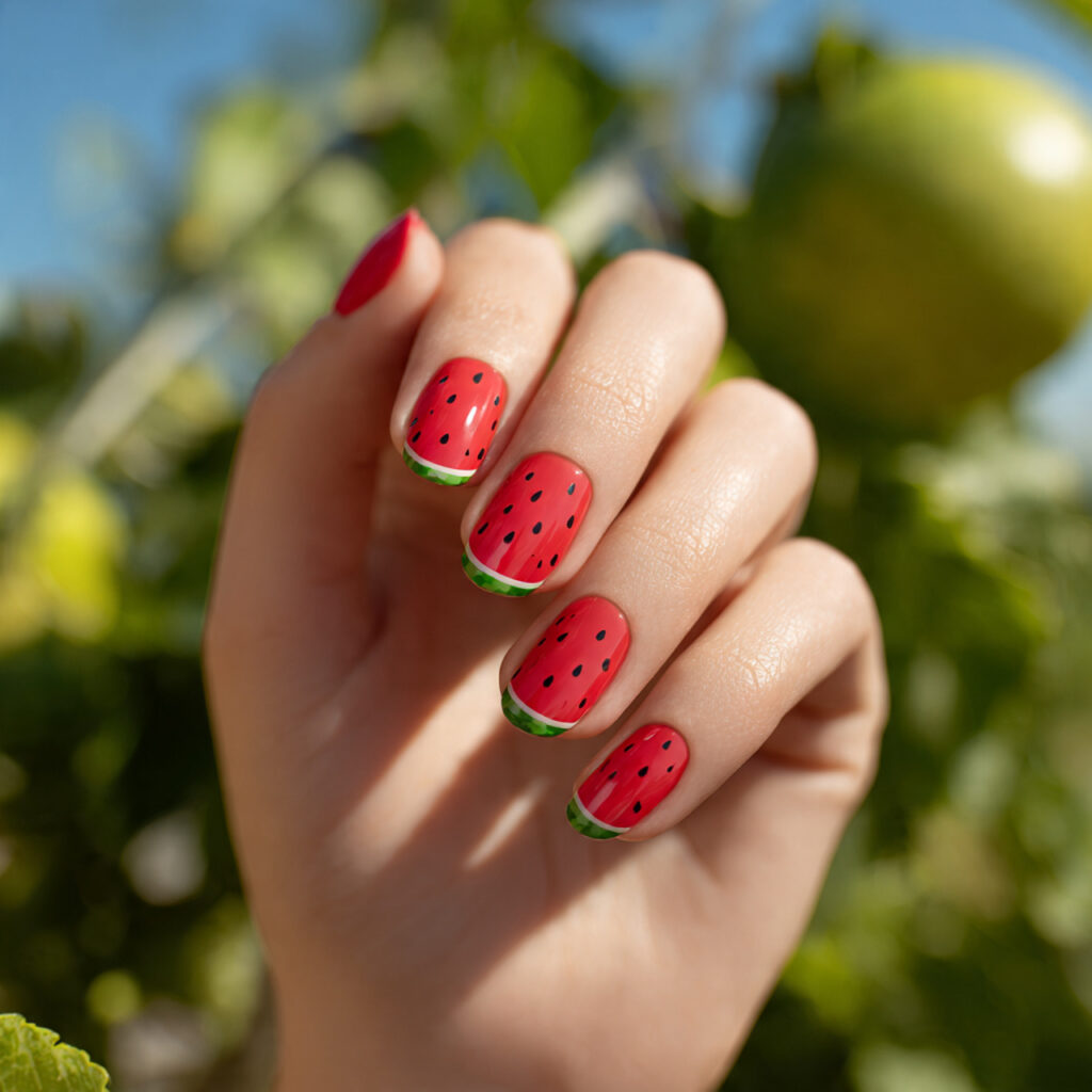 Summer Nails With Designs: 14 Aesthetic Looks You’ll Want to Copy 2 close up of one hand with attractive watermelon ar
