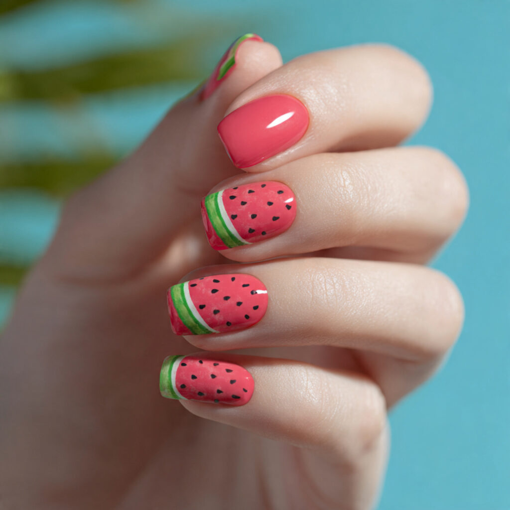 Summer Nails 2026 Square: The Chicest Designs You’ll Want to Copy ASAP 9 close up of one hand with attractive watermelon po