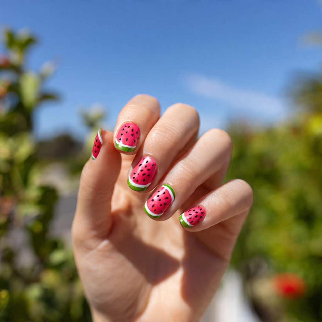 Summer Nails for Kids: Cute, Colorful & Full of Joy 4 close up of one hand with attractive watermelon th
