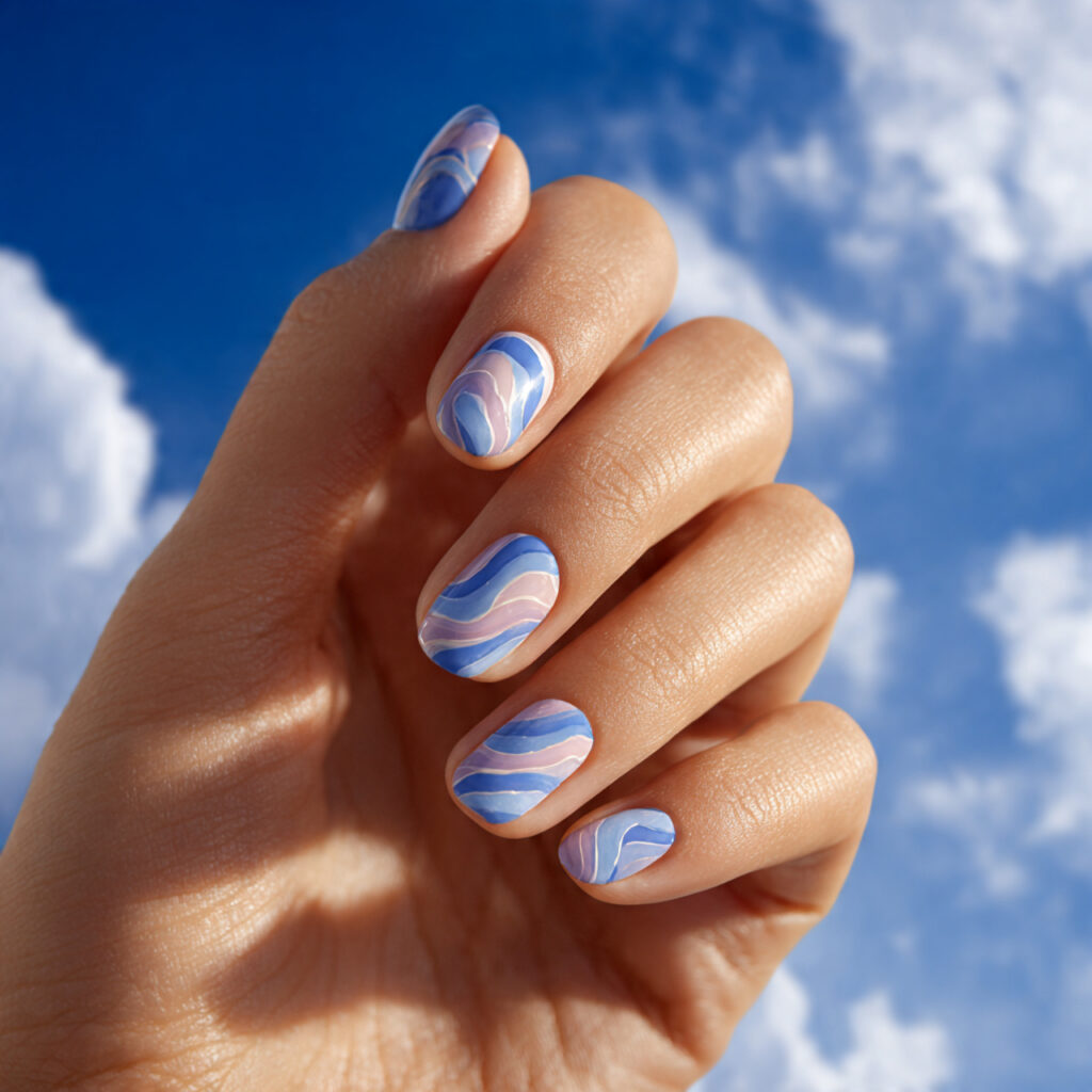 Summer Nails With Designs: 14 Aesthetic Looks You’ll Want to Copy 8 close up of one hand with attractive wave design n 1