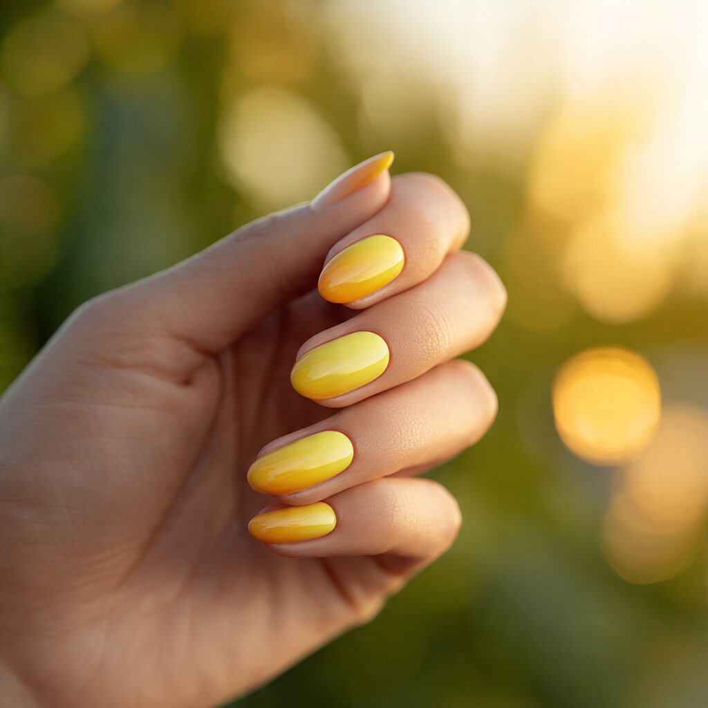 Summer Nails Yellow Pastel: Soft Sunshine for Your Fingertips 11 close up of one hand with attractive yellow ombre