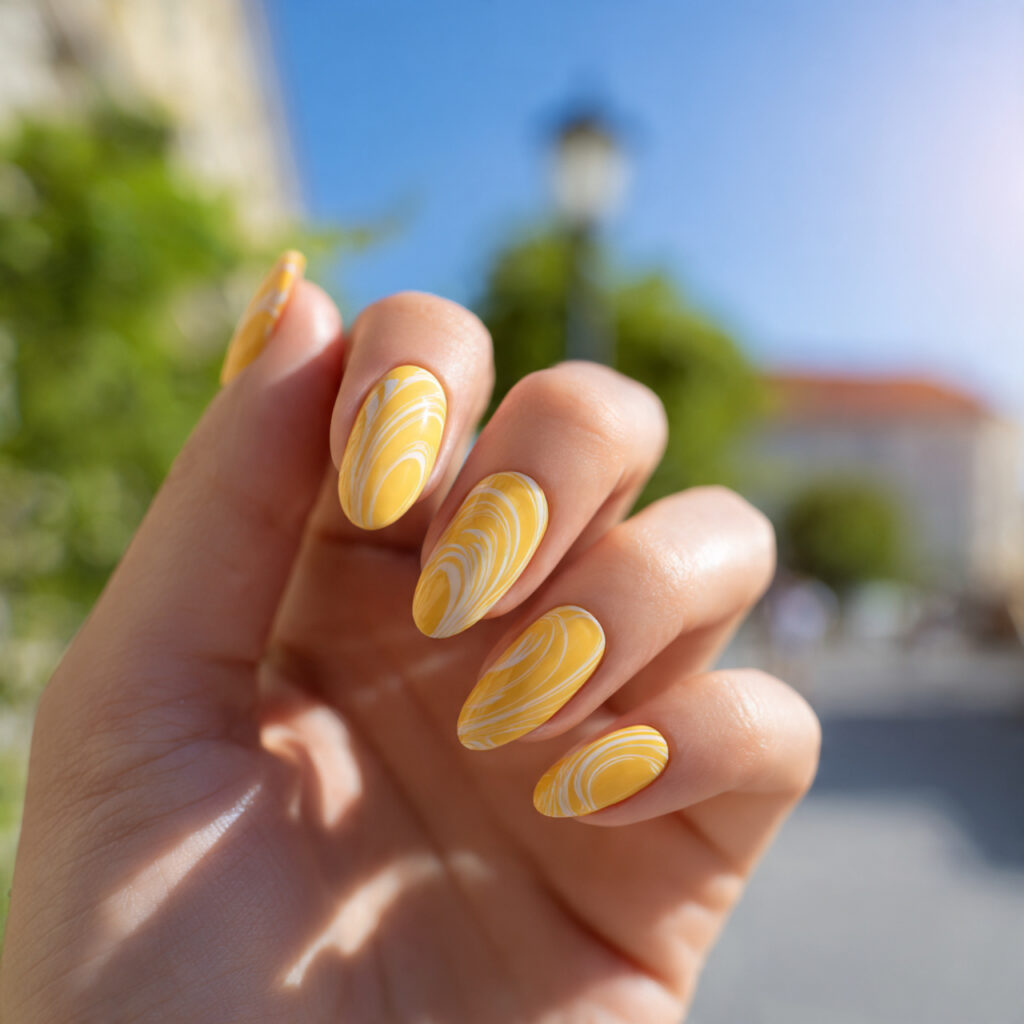 Summer Nails Yellow Pastel: Soft Sunshine for Your Fingertips 6 close up of one hand with attractive yellow swirl