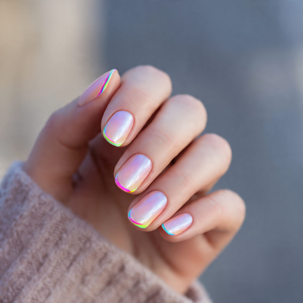 Summer Nails French: The Soft, Sunny Twist Everyone’s Obsessed With 1 close up of one hand with pastel rainbow french ti
