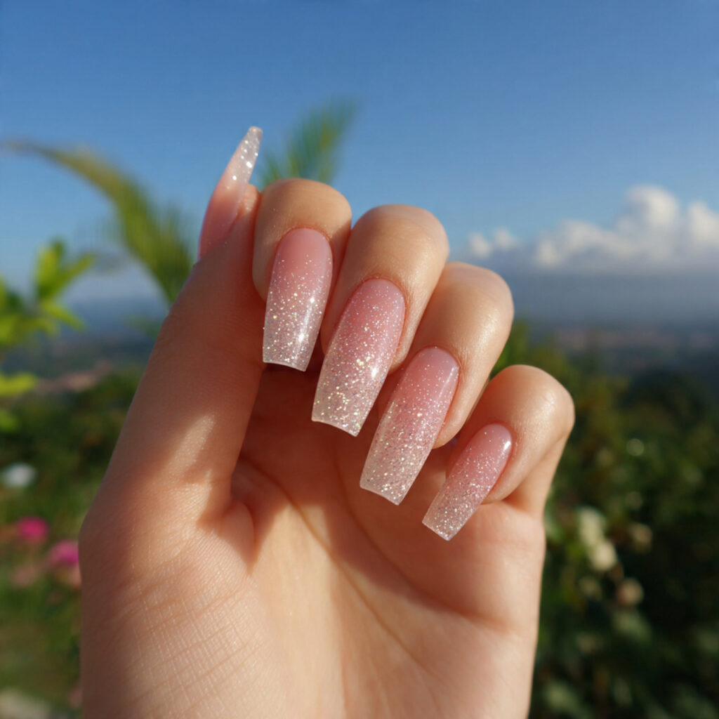 one attractive hand with glitter ombre long nails
