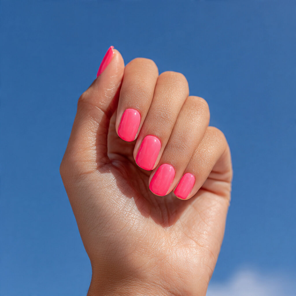 Summer Ombre Nails: Soft Blends & Sunlit Color Dreams 7 one attractive hand with glossy neon pink to ombre