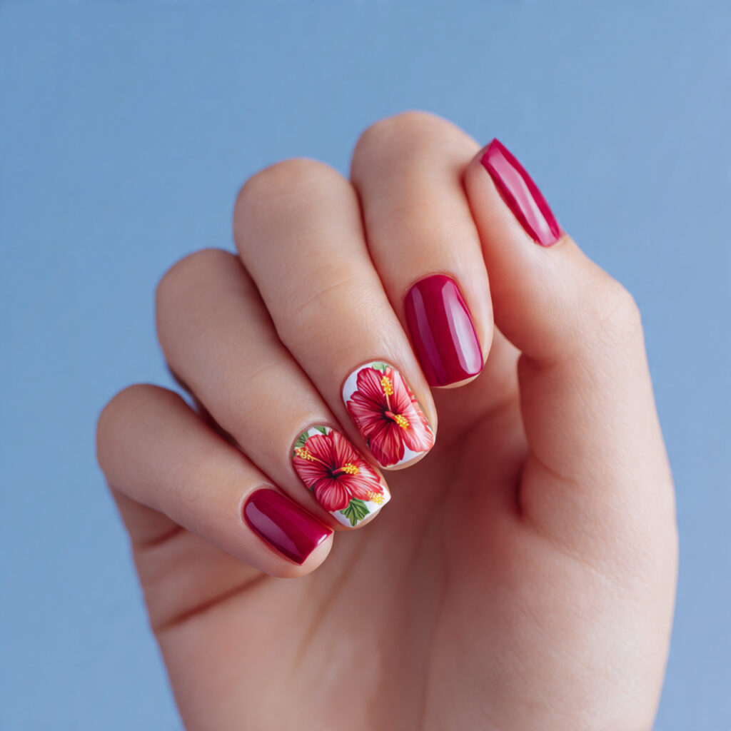 Summer Nails 2026 Square: The Chicest Designs You’ll Want to Copy ASAP 5 one attractive hand with hibiscus floral square na