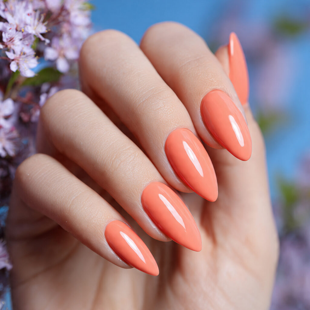 one attractive hand with peach gloss almond shaped