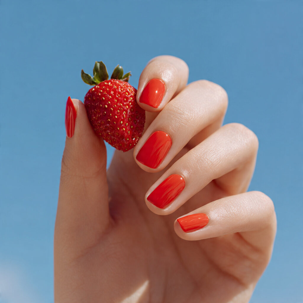 one attractive hand with strawberry red manicure f