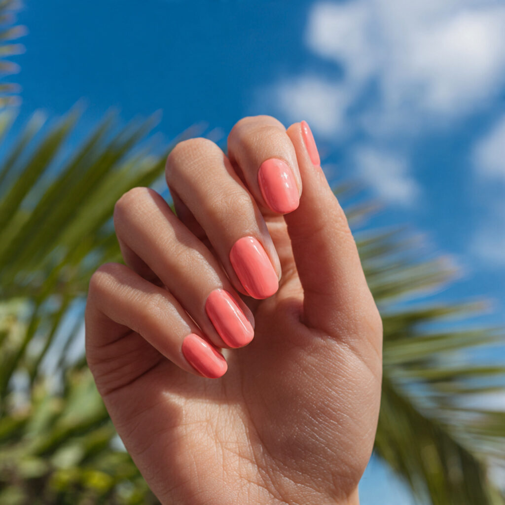 Summer Nails 2026 Pink: Soft, Glossy & Dreamy Pink Nail Inspo 9 one hand showing attractive coral pink summer nail