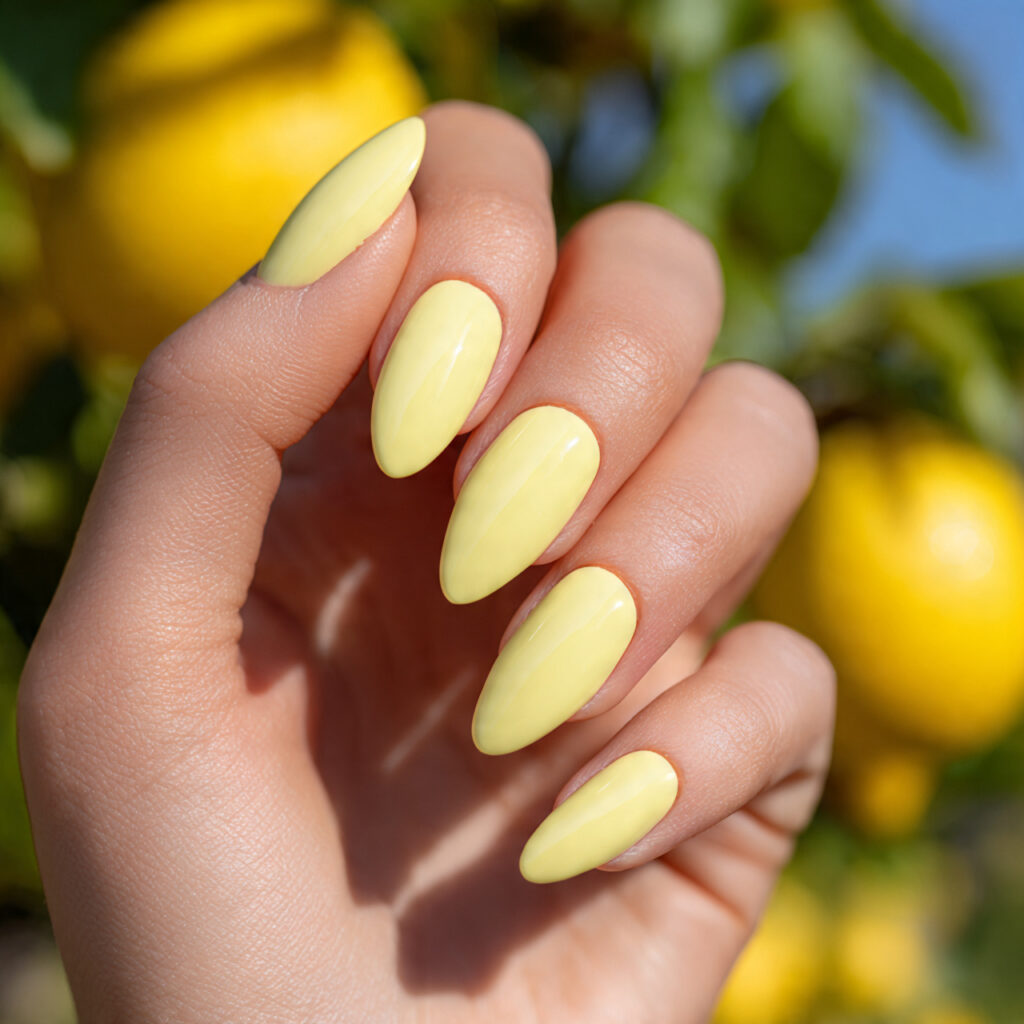 Summer Nails Yellow Pastel: Soft Sunshine for Your Fingertips 13 one hand showing attractive pastel yellow almond n